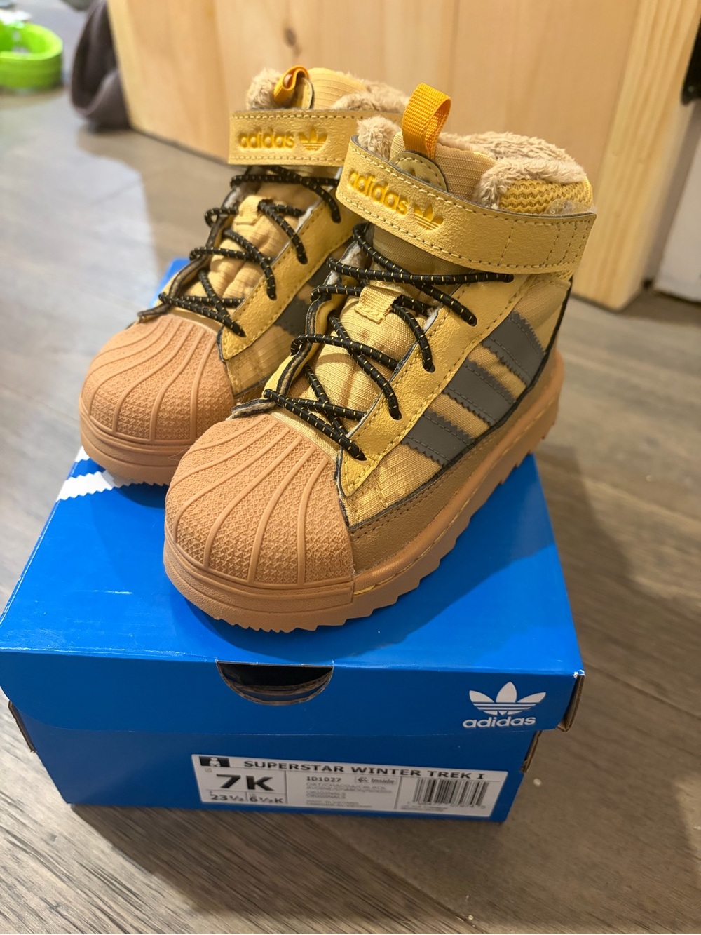 adidas Kids Winter Trek Boots Yellow Tan with Black Stripes